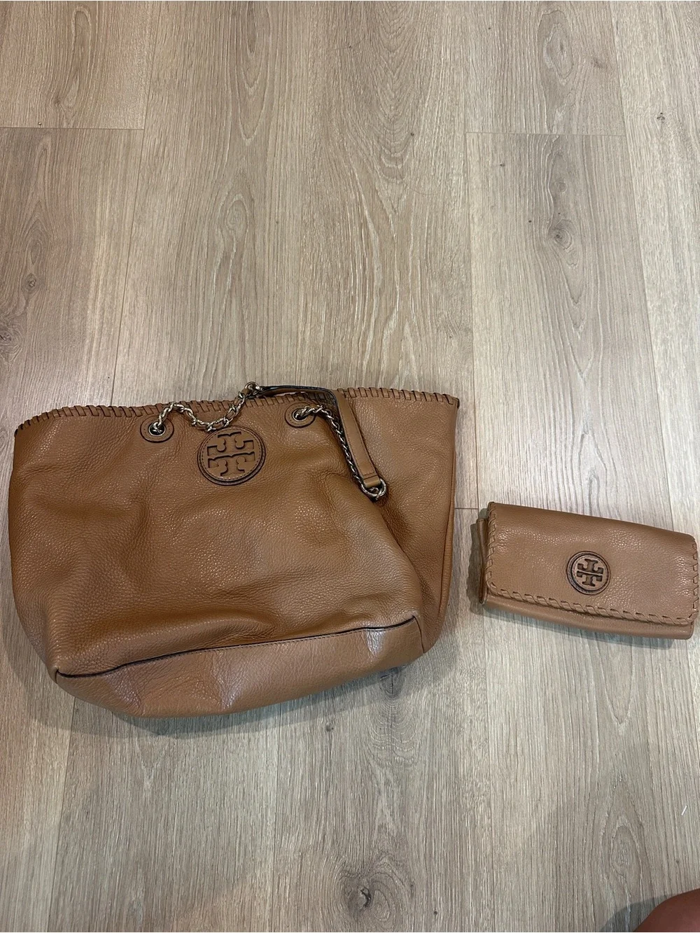Tory Burch Tan Leather Chain Tote and wallet